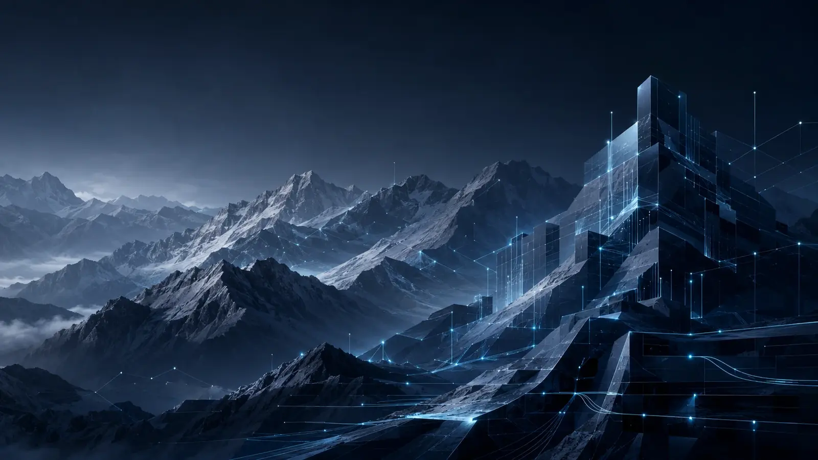 Paesaggio alpino che si trasforma in una rete digitale connessa
