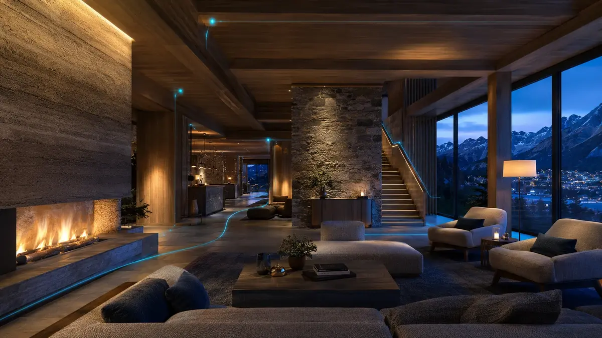 Interno di un hotel alpino contemporaneo con tecnologia discretamente integrata