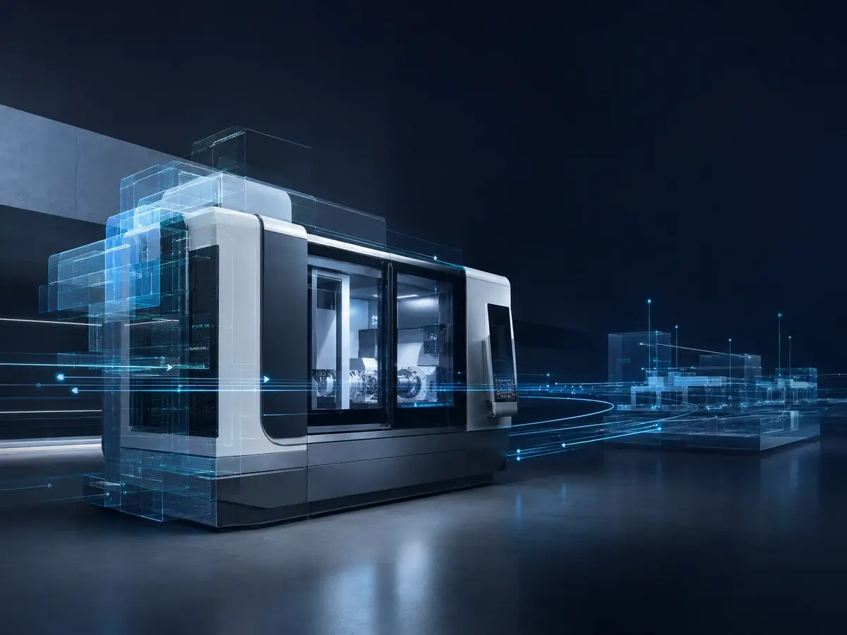 Macchina industriale interconnessa rappresentata insieme al suo gemello digitale